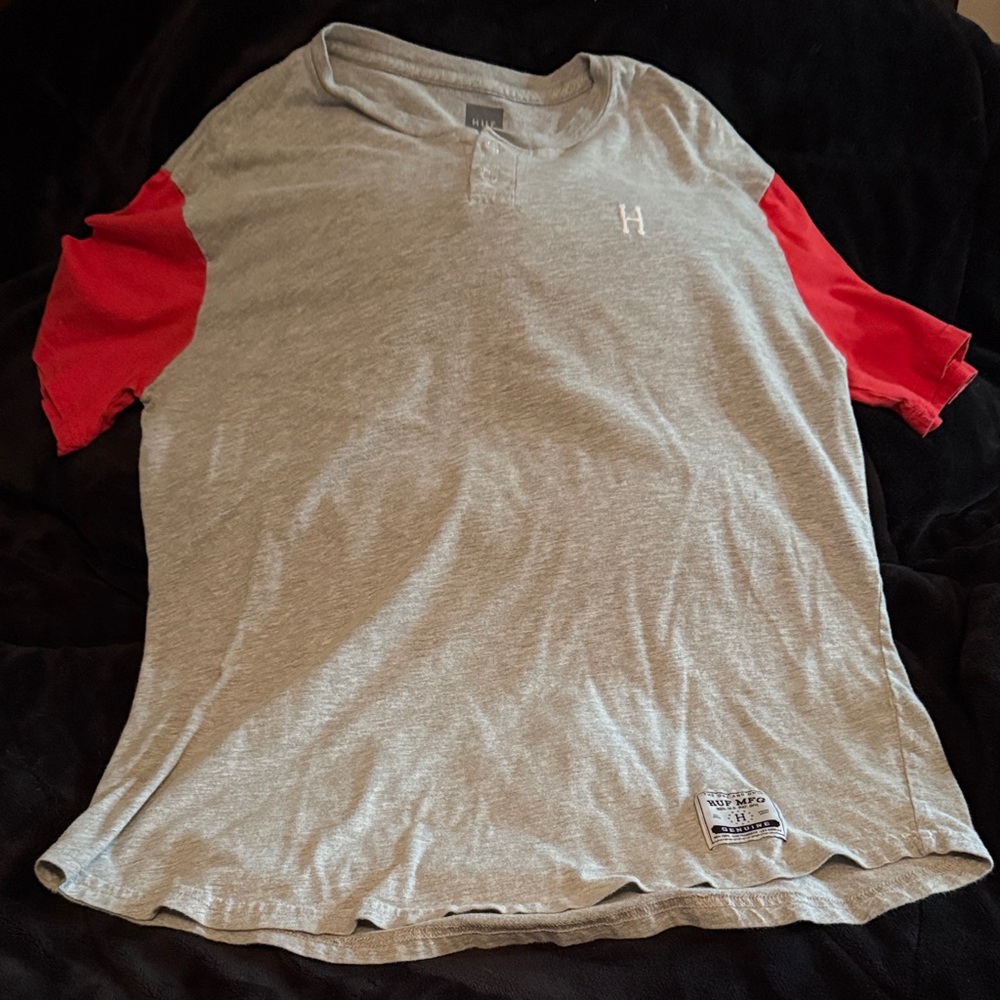 HUF Gray and Red Short Sleeve Tee